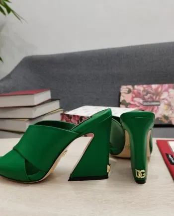 DolGa Satin Mules With Geometric Heel Green For Women DG Shoes