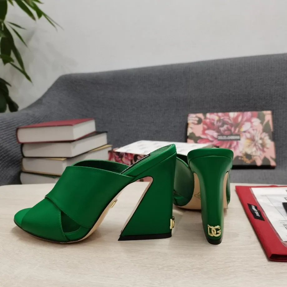 DolGa Satin Mules With Geometric Heel Green For Women DG Shoes