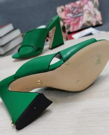 DolGa Satin Mules With Geometric Heel Green For Women DG Shoes