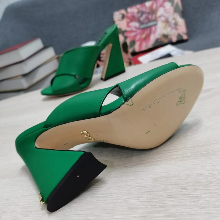 DolGa Satin Mules With Geometric Heel Green For Women DG Shoes