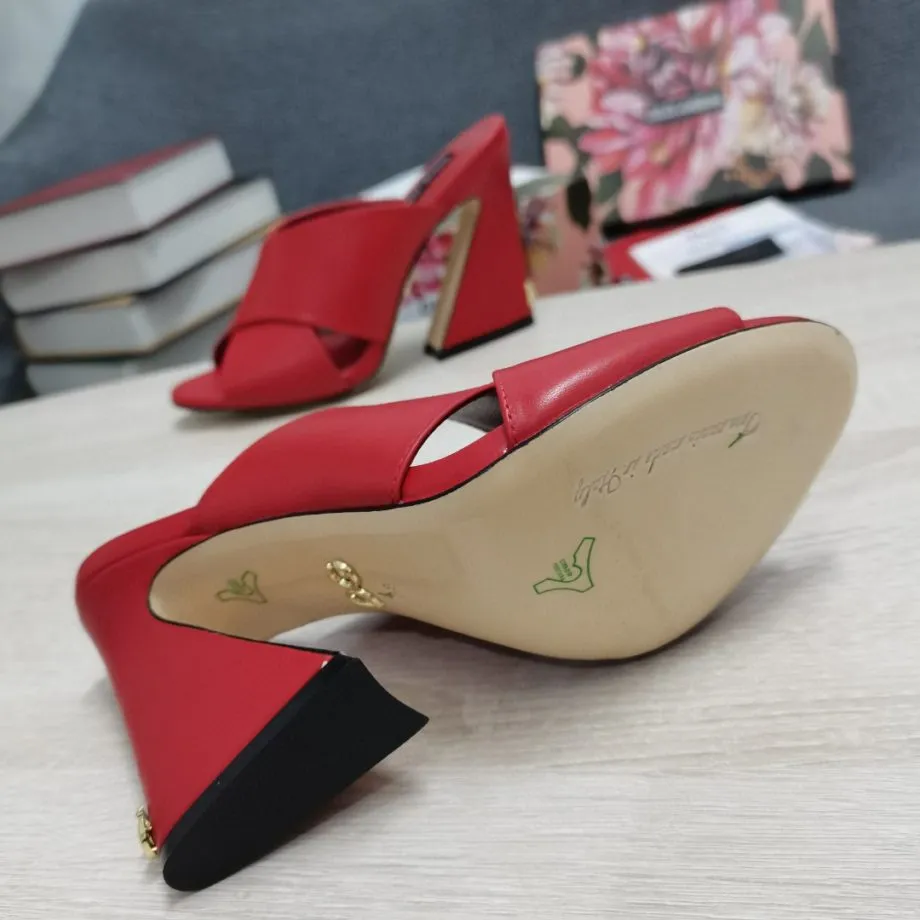 DolGa Satin Mules With Geometric Heel Red For Women DG Shoes