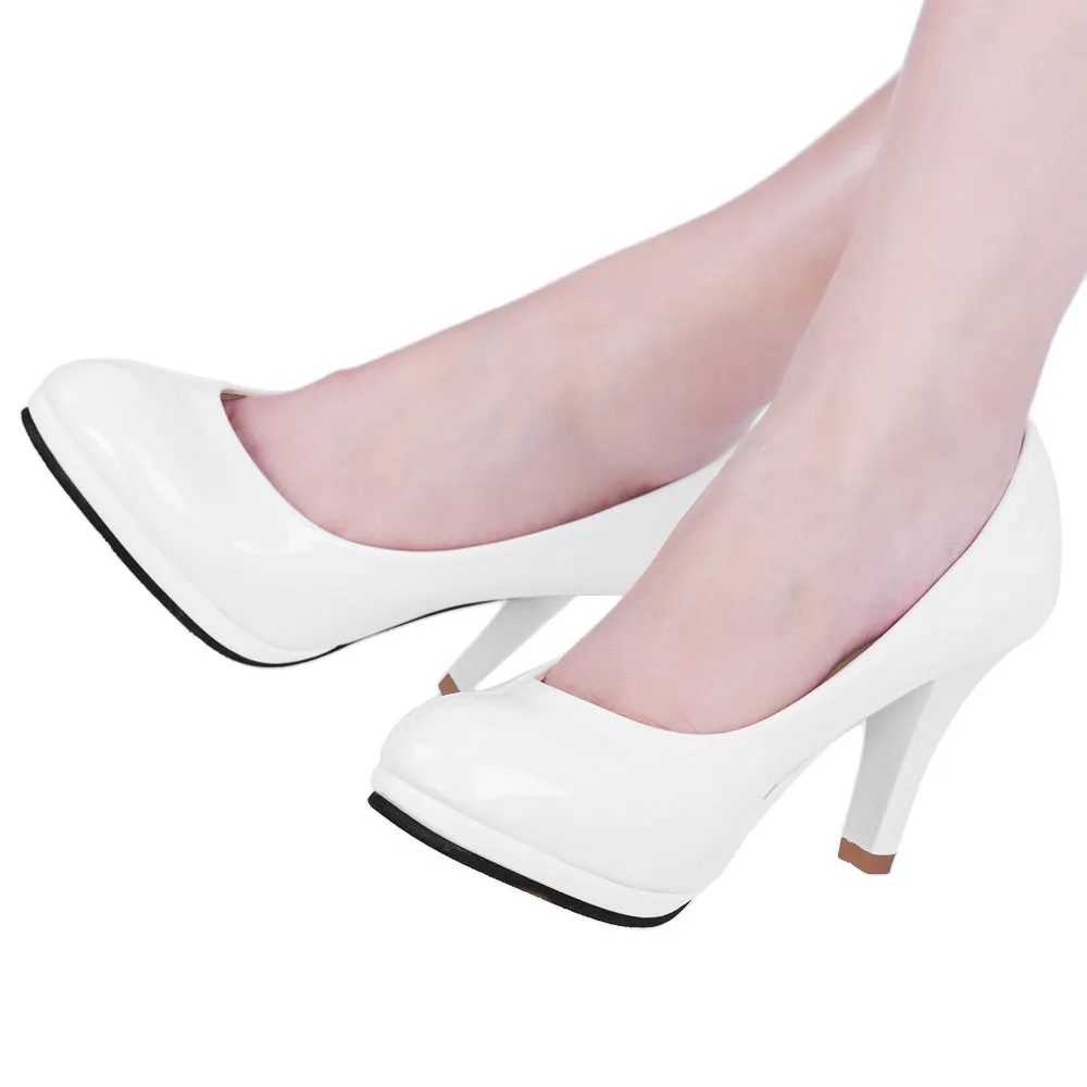 Elegant Ladies Solid Color Shallow Mouth Round Toe Patent Leather Thick High Heel Shoes