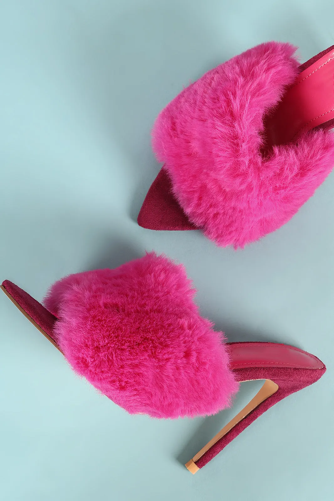 Faux Fur Band Pointed Open Toe Stiletto Mules