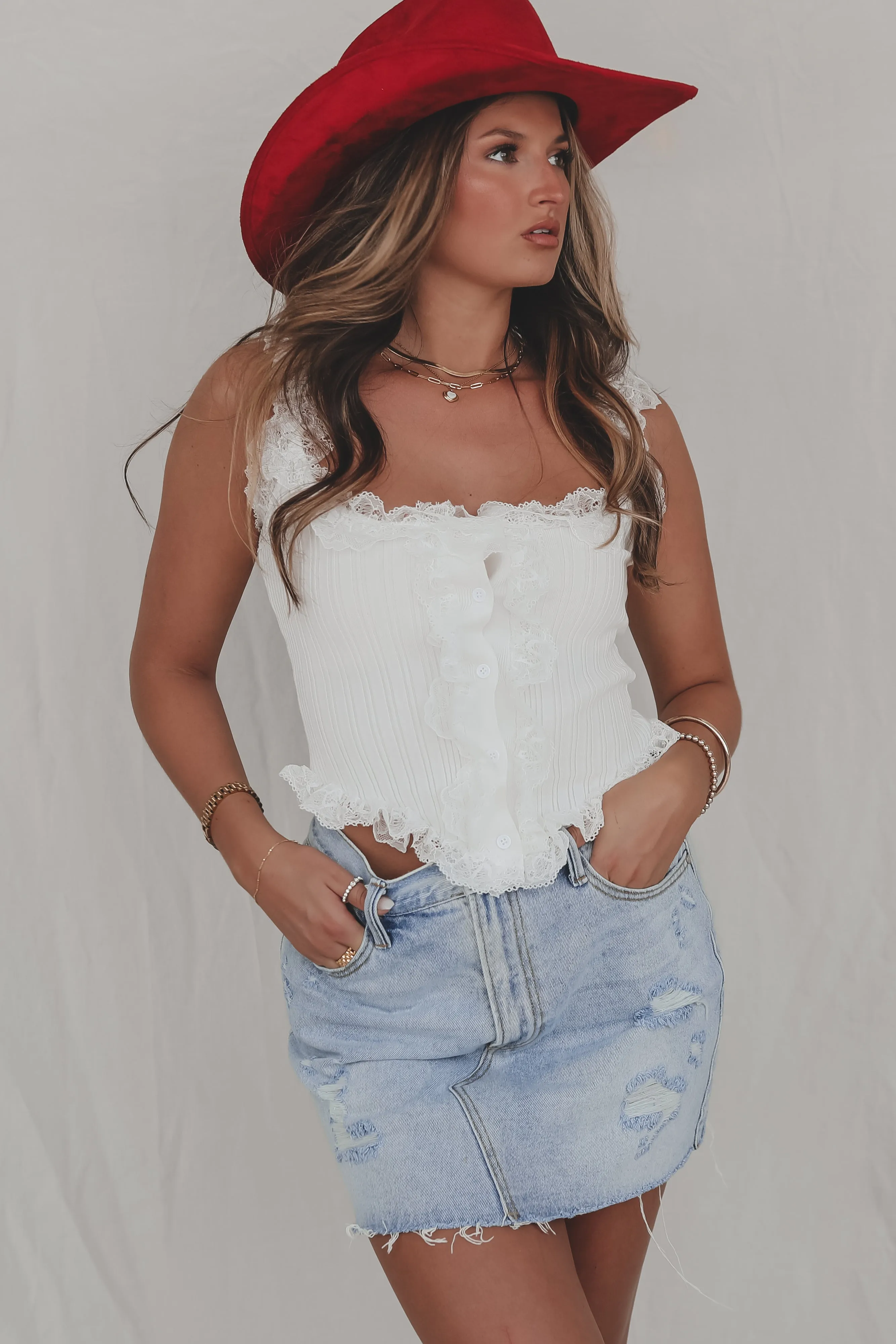 Feeling Flirty White Lace Trim Top