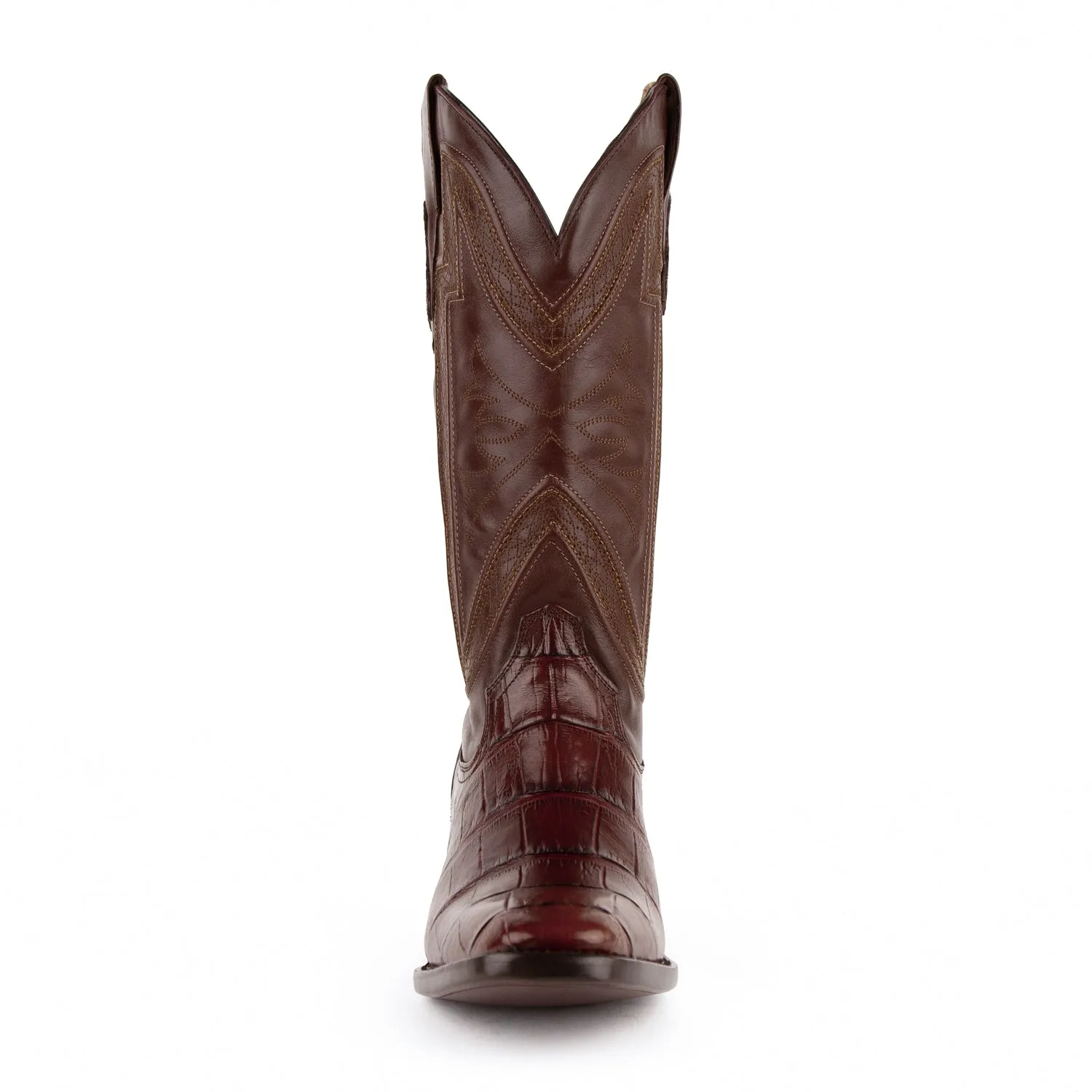 Ferrini Mens Chocolate Leather Gator Belly R-Toe Stallion Cowboy Boots