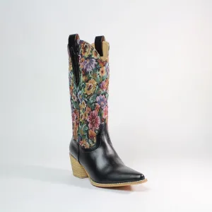 Flower Black Arider Girl Block Western Cowboy Knee High Boots