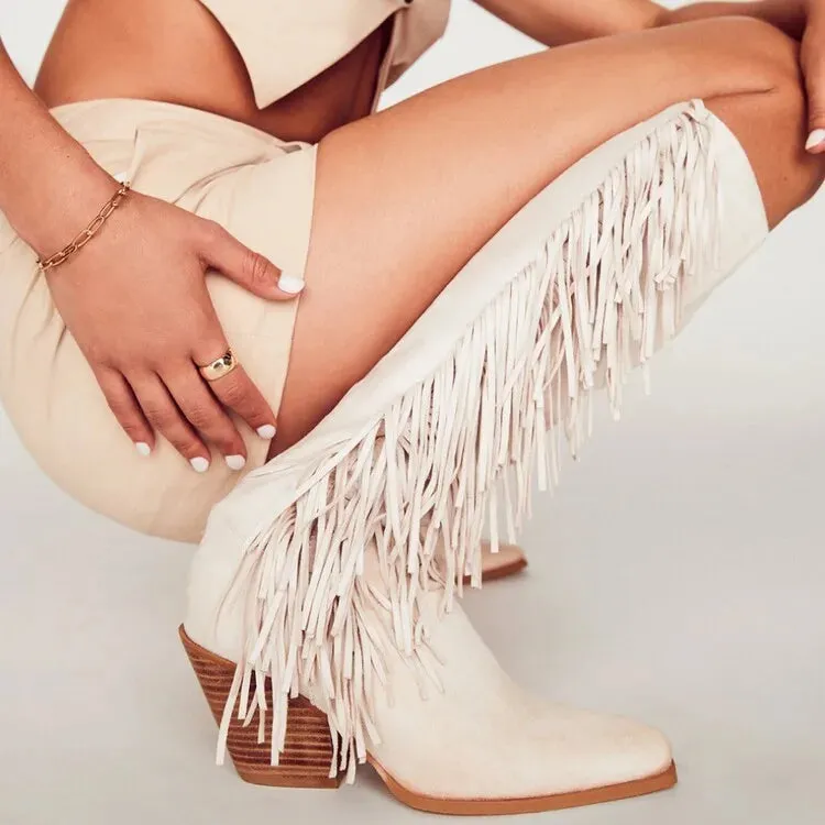 Fringe White Cowboy Boots For Women Western Cowgirl Side Zip White Knee High Shoes For Women 2024