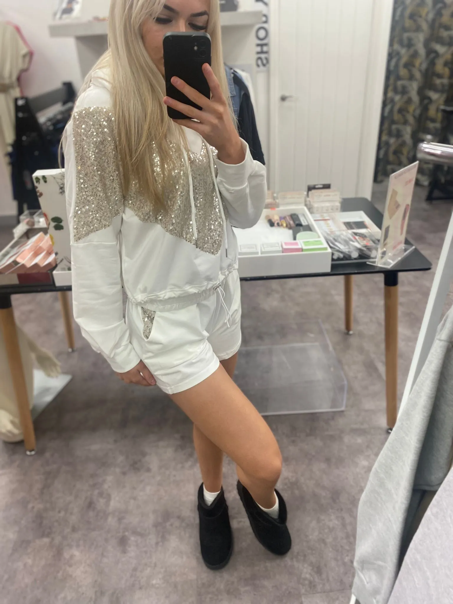 HALLIE WHITE SEQUIN PATTERNED HODDIE TOP & SHORT CO-ORD