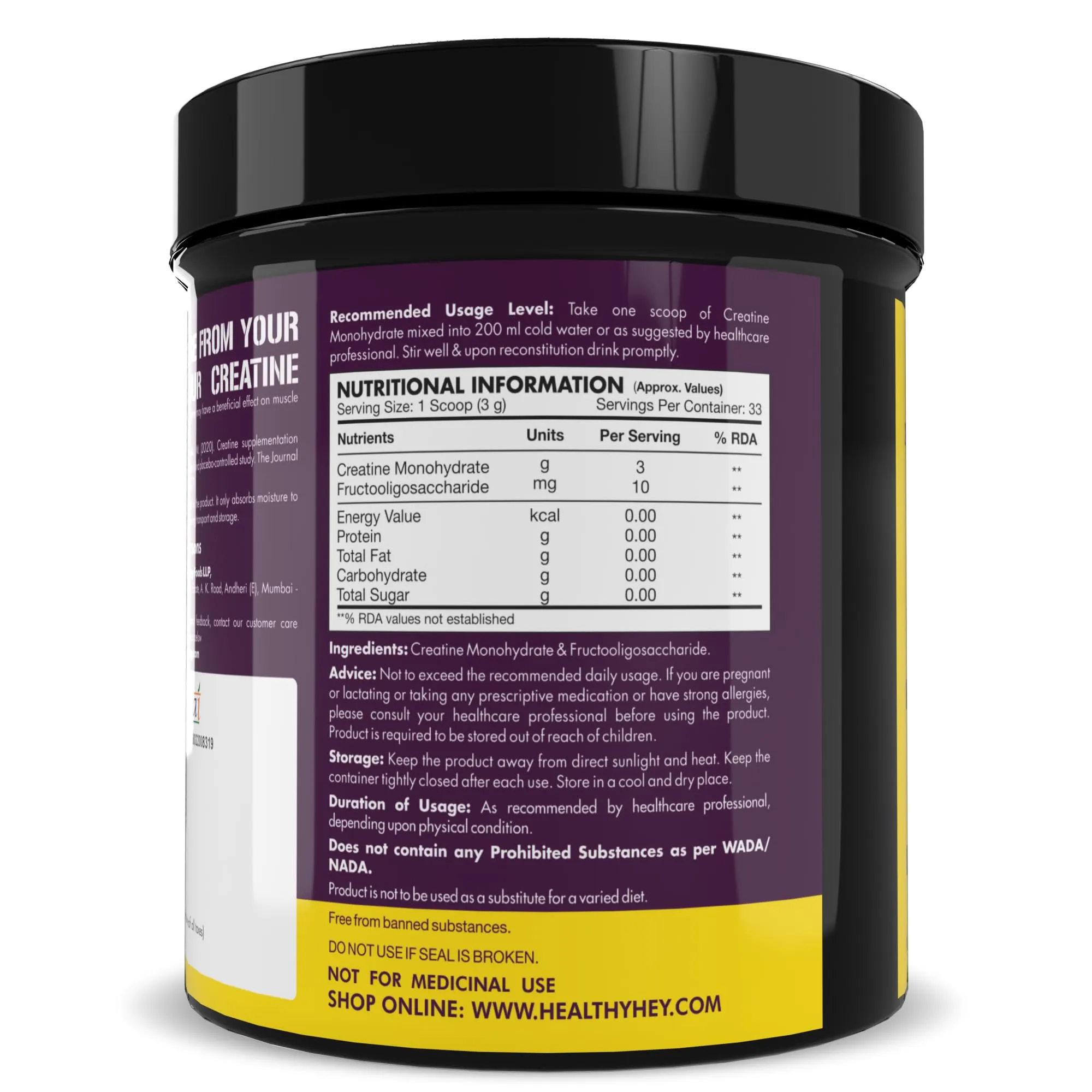 HealthyHey Sports Creatine Monohydrate powder for Muscle Building & Performance - 33 Servings (Unflavoured, 100gm)