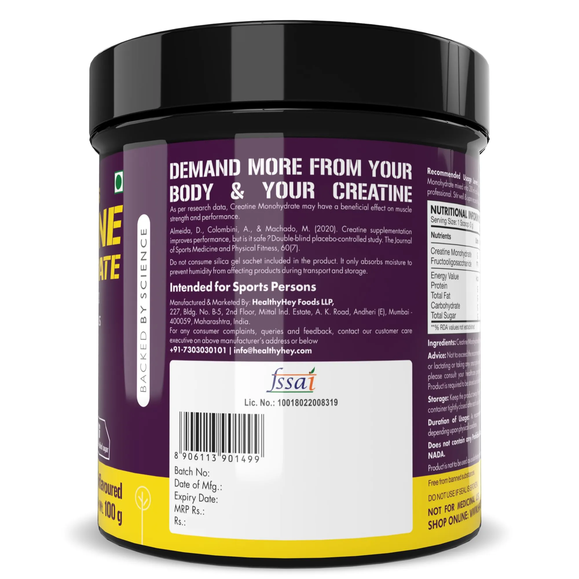 HealthyHey Sports Creatine Monohydrate powder for Muscle Building & Performance - 33 Servings (Unflavoured, 100gm)