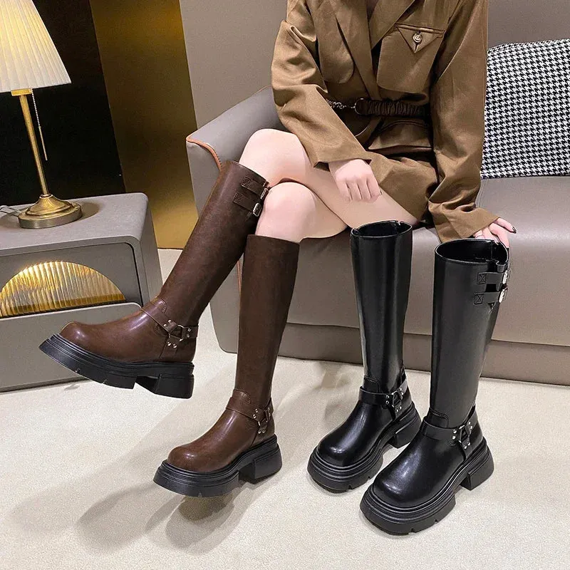 Hnzxzm New Winter Classic Solid Color Cowboy Boots Women's Retro Brown Belt Buckle Round Toe High Boots Over The Knee Boots