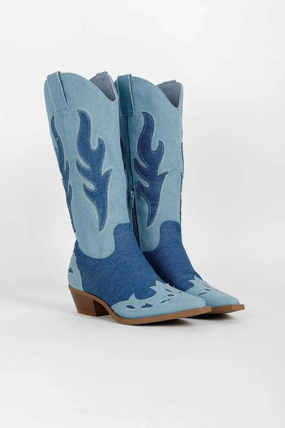 JEANS SIDE DETAIL CALF HIGH WESTERN COWBOY BOOTS