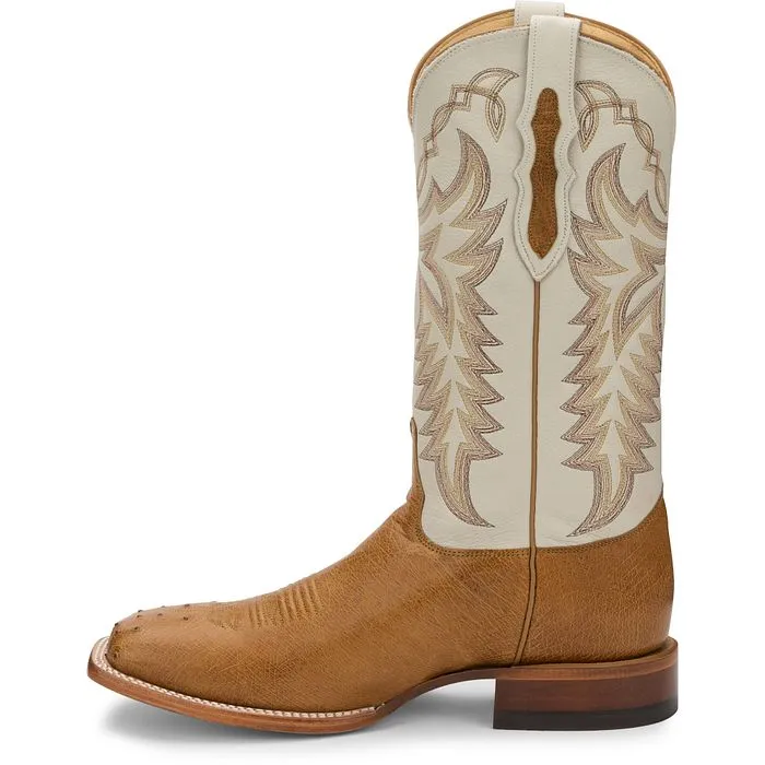 Justin Men's Pascoe Antique Saddle Smooth Ostrich Broad Square Toe Boots with Bone White Tops