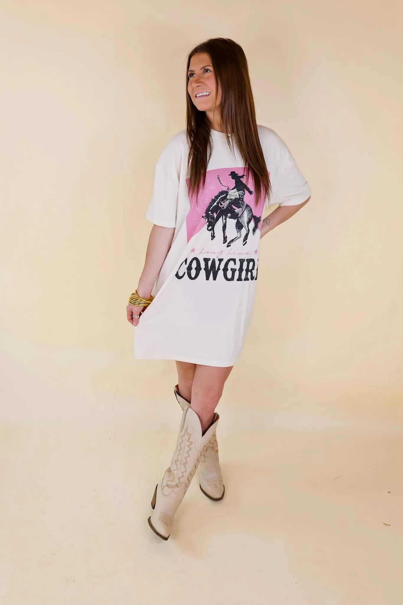 Long Live Cowgirl Short Sleeve Tee Shirt Dress in Cream