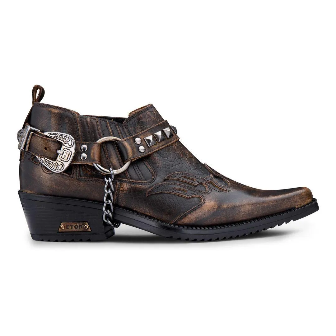 Mens Real Leather Cowboy Shoes Wincklepickers Cuban Heel Metal Belt Western Croc Pattern