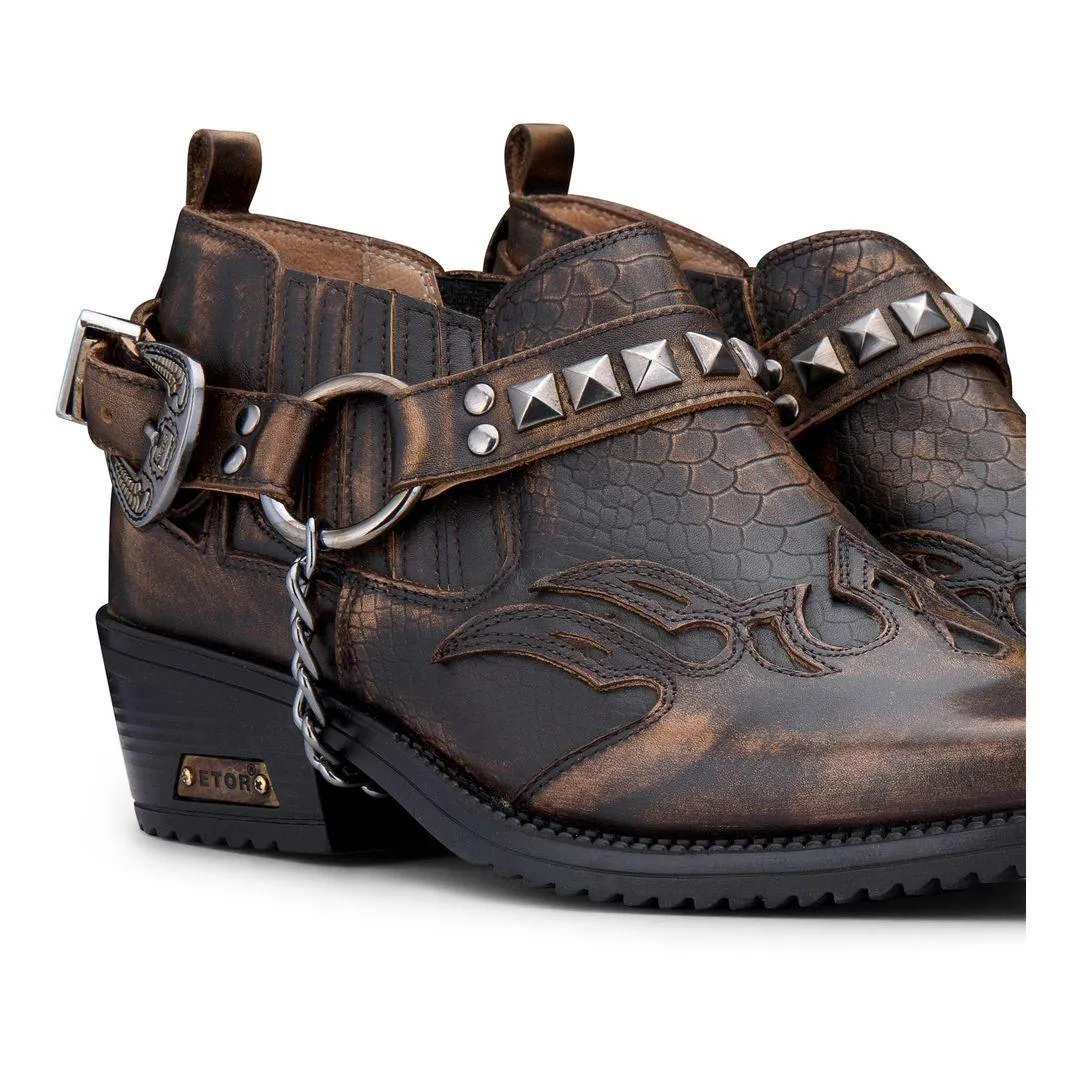 Mens Real Leather Cowboy Shoes Wincklepickers Cuban Heel Metal Belt Western Croc Pattern