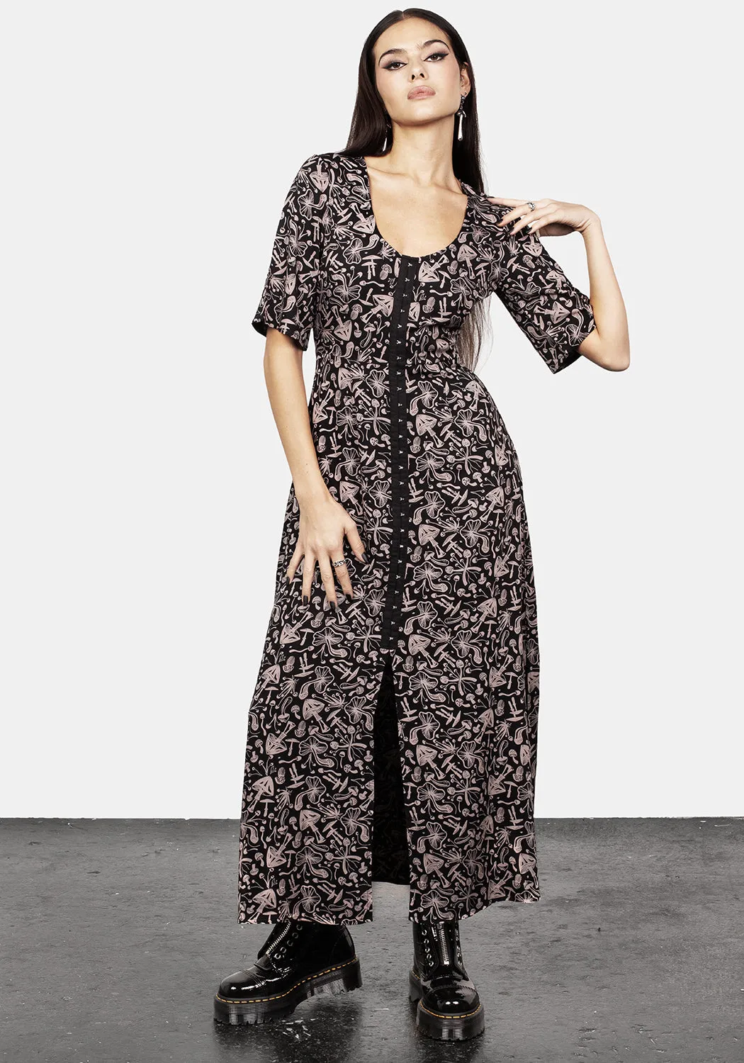 Mycophile Mushroom Print Split Maxi Dress