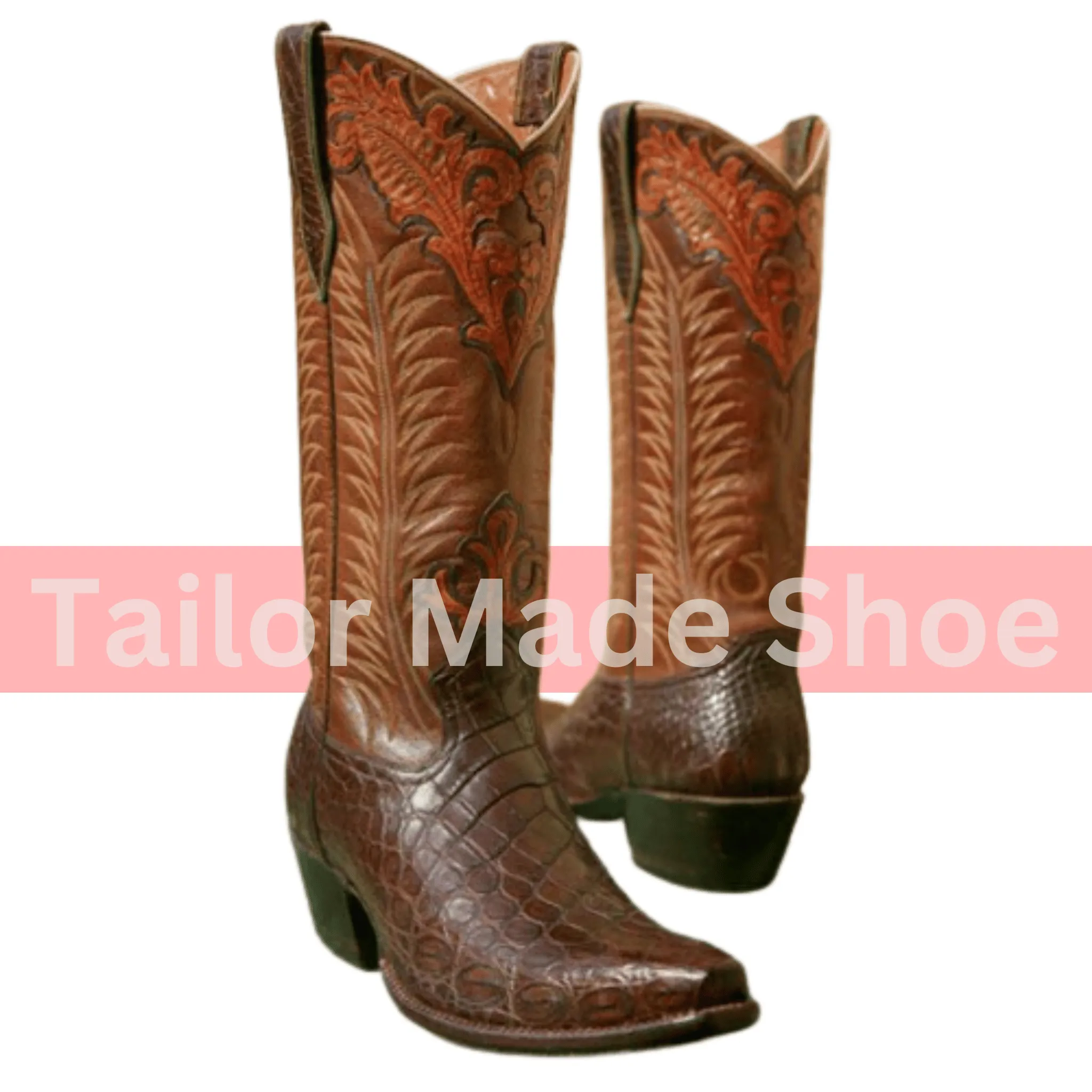 New Genuine Handmade Men's Brown and Tan Leather Western Mexican Cowboy Boots