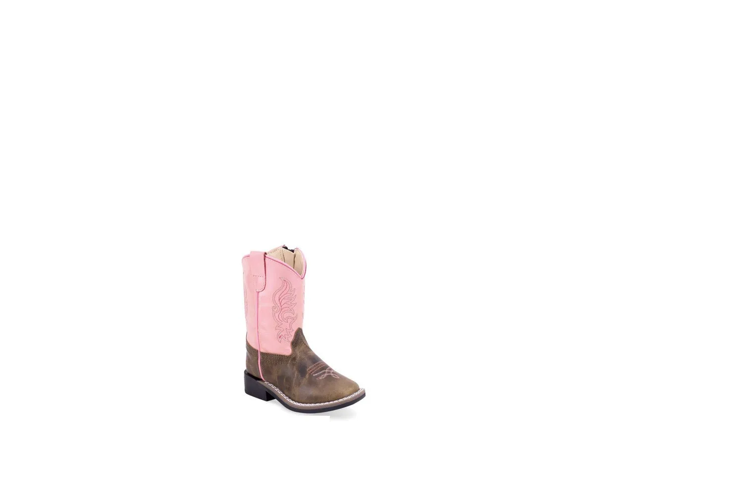 Old West Infant Girls Broad Square Toe Pink/Brown Leather Zip Cowboy Boots