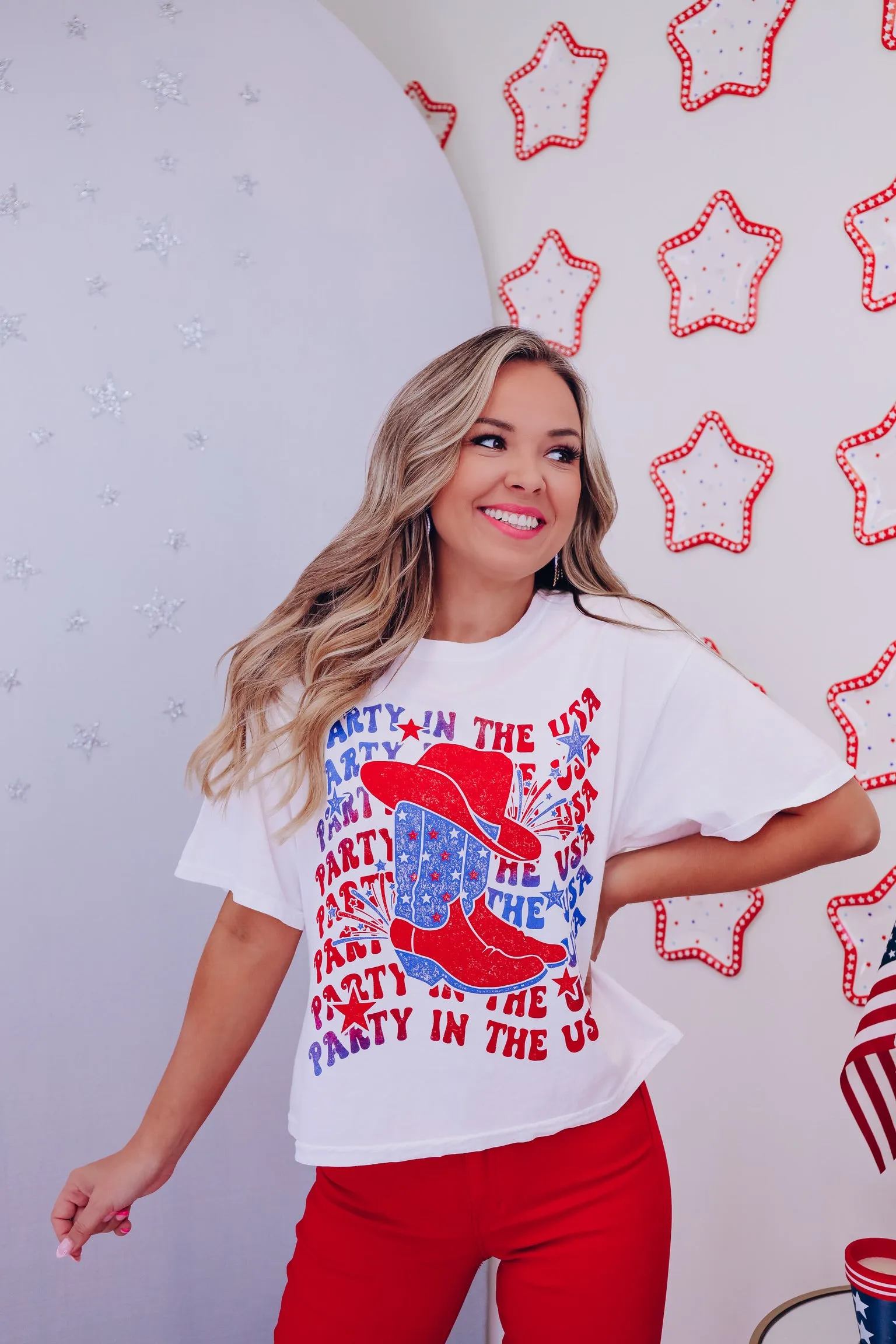 Party In The USA Cropped Graphic Tee - White