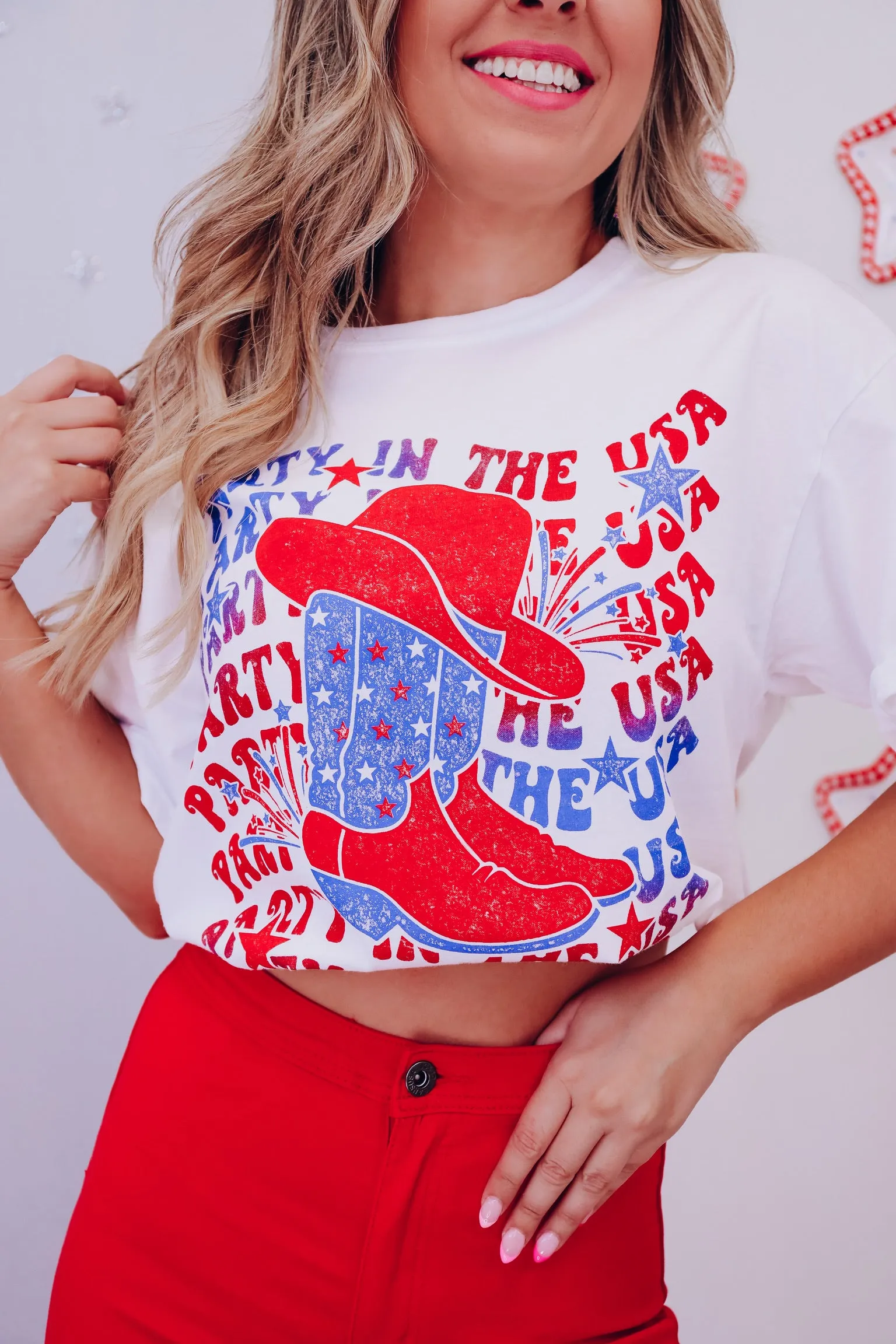 Party In The USA Cropped Graphic Tee - White