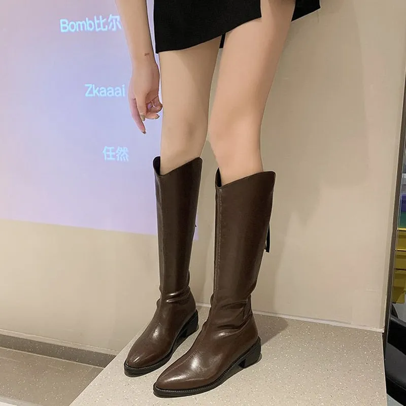 Purpdrank - Women Cowboy Boots Pointed Toe Women's Shoes Embossing pu Leather Shoes Knee-High Boots Chunky Wedges shoes