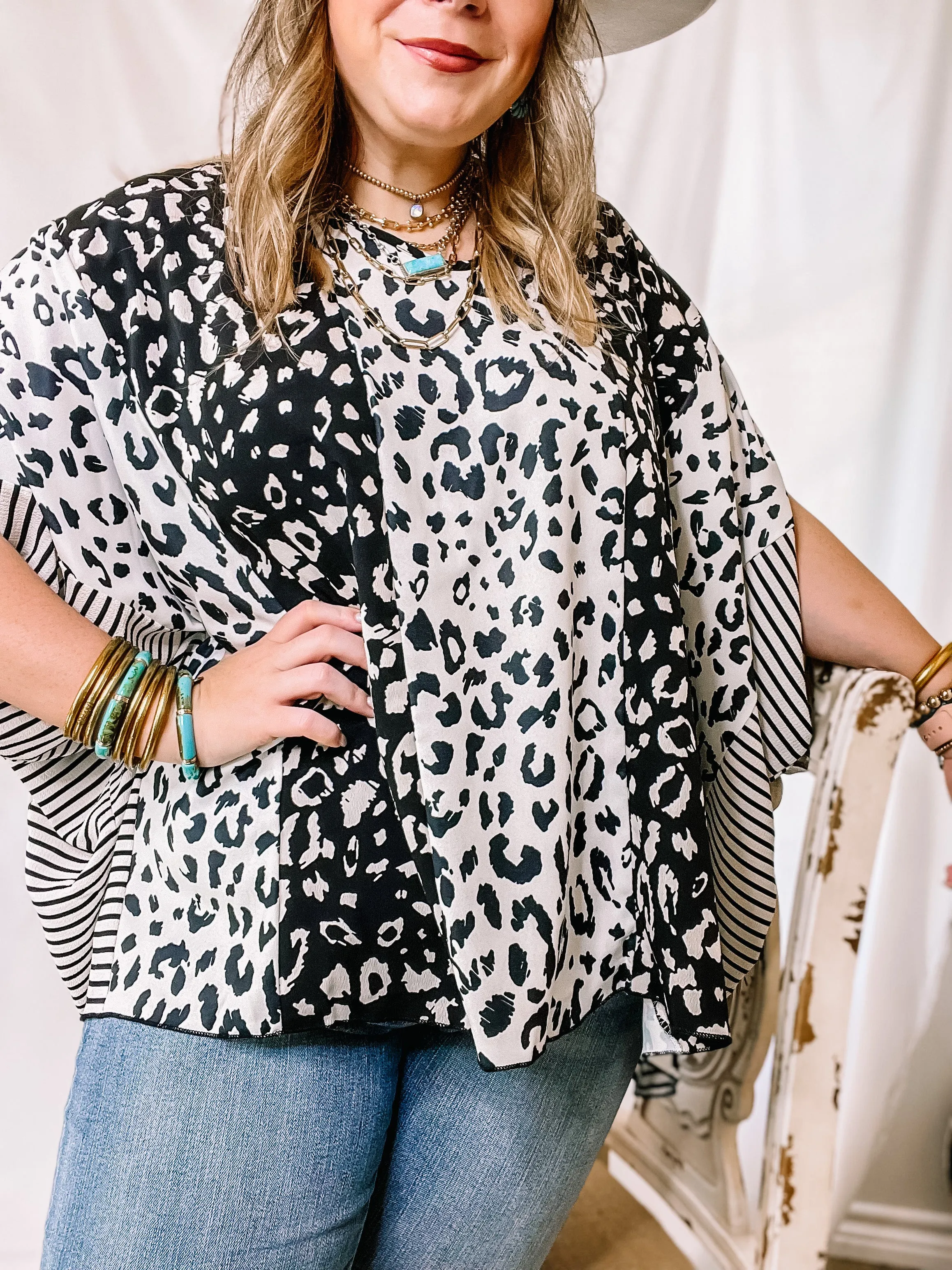 Pursue Your Passion Print Block Poncho Top in Black and White (Oversized)