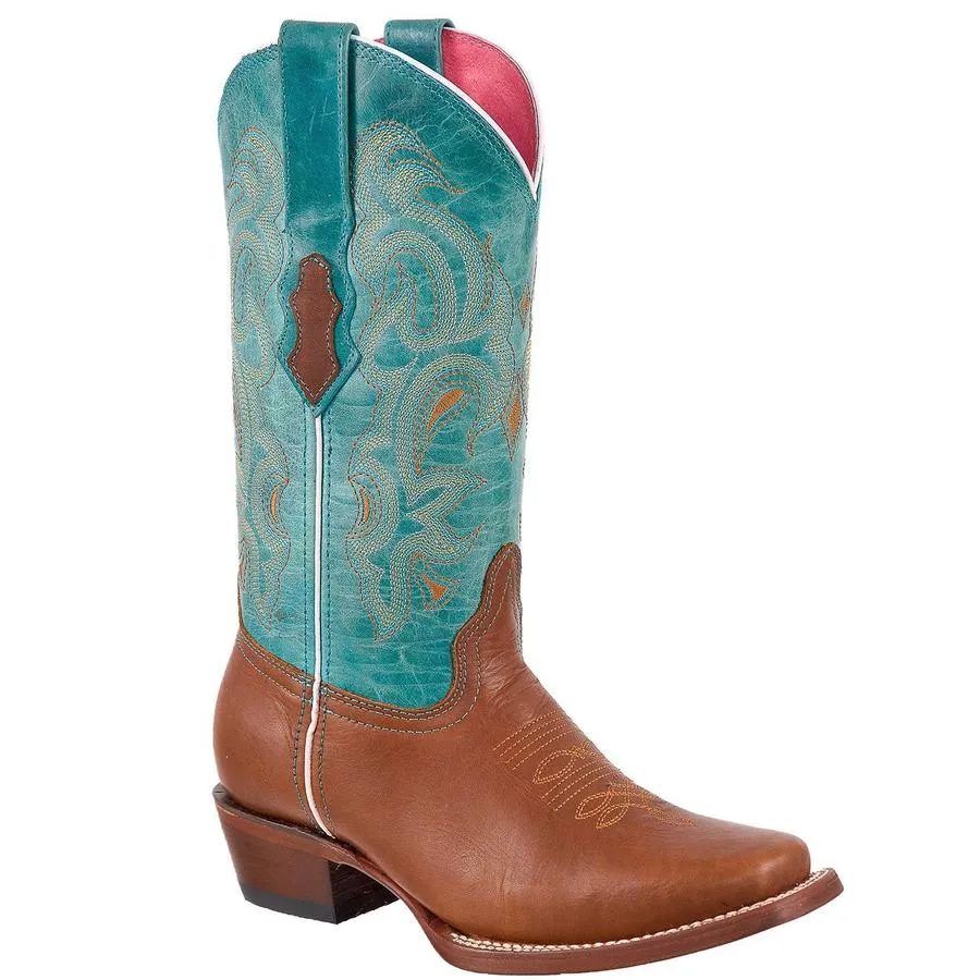 Quincy Boots Womens Crazy and Grasso Leather Cognac/Turquoise Rodeo Toe Western Boot