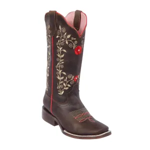 Quincy Boots Womens Grasso and Crazy Leather Embroidered Floral Chocolate Ranch Toe Western Boot