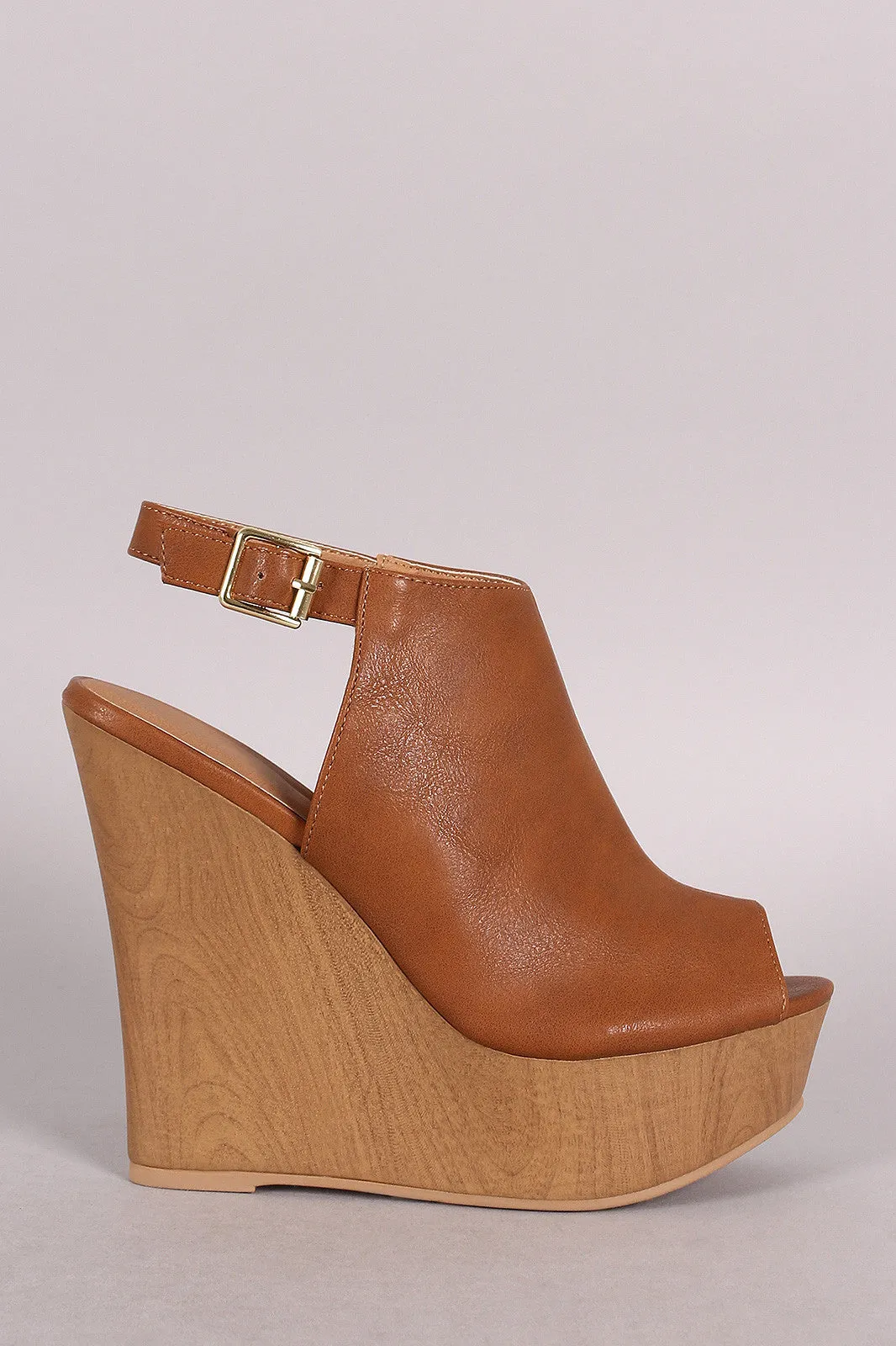 Qupid Peep Toe Faux Wooden Platform Mule Wedge