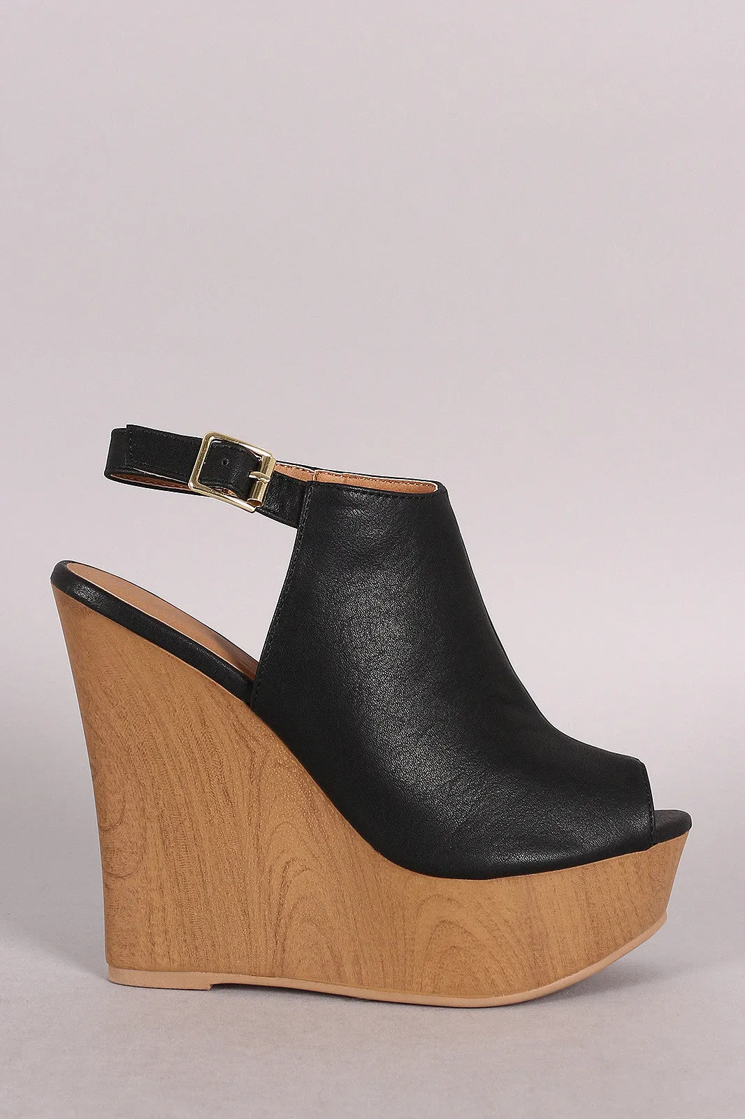 Qupid Peep Toe Faux Wooden Platform Mule Wedge