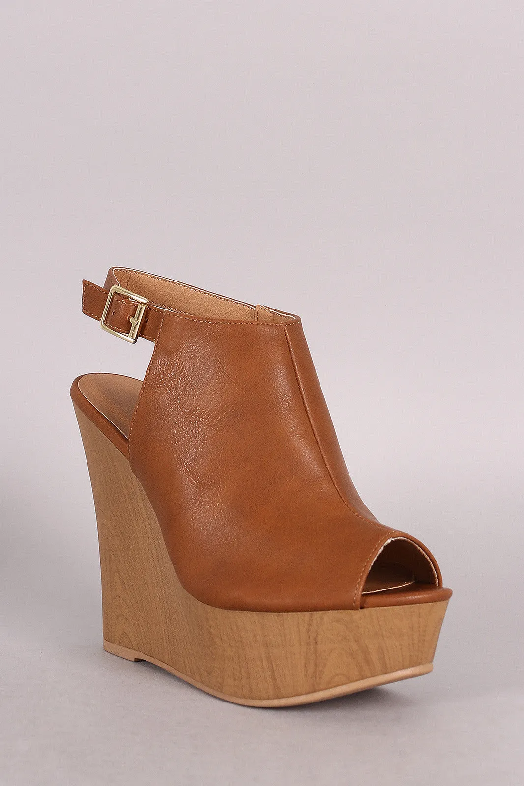 Qupid Peep Toe Faux Wooden Platform Mule Wedge