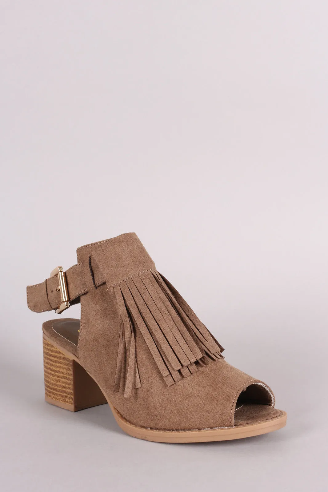 Qupid Suede Fringe Peep Toe Chunky Mule Heel