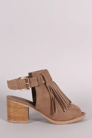 Qupid Suede Fringe Peep Toe Chunky Mule Heel