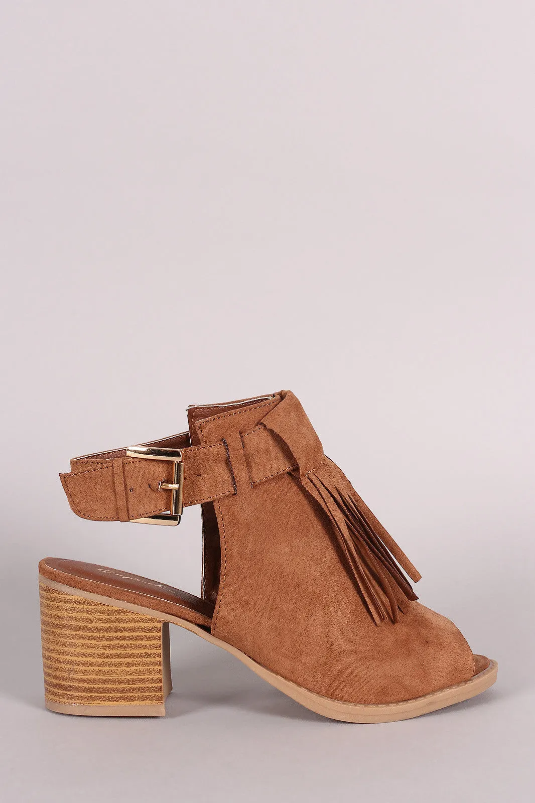 Qupid Suede Fringe Peep Toe Chunky Mule Heel