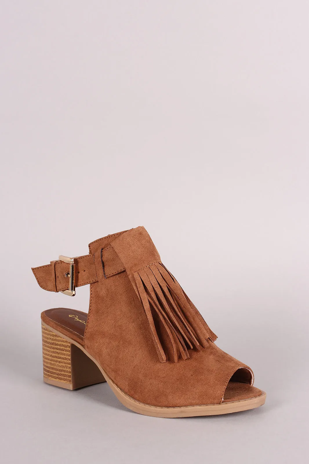 Qupid Suede Fringe Peep Toe Chunky Mule Heel