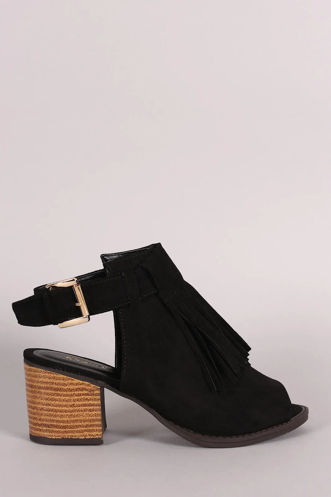 Qupid Suede Fringe Peep Toe Chunky Mule Heel