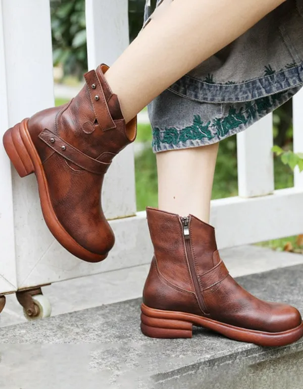 Retro Leather Women's Cowboy Short Boots