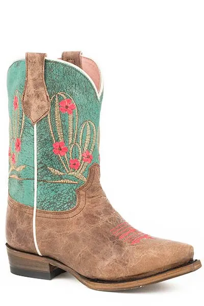 Roper Girls Cactus Cutie Burnished Brown/Turquoise Cowgirl Snip Toe Boots Style 09-018-7622-1435