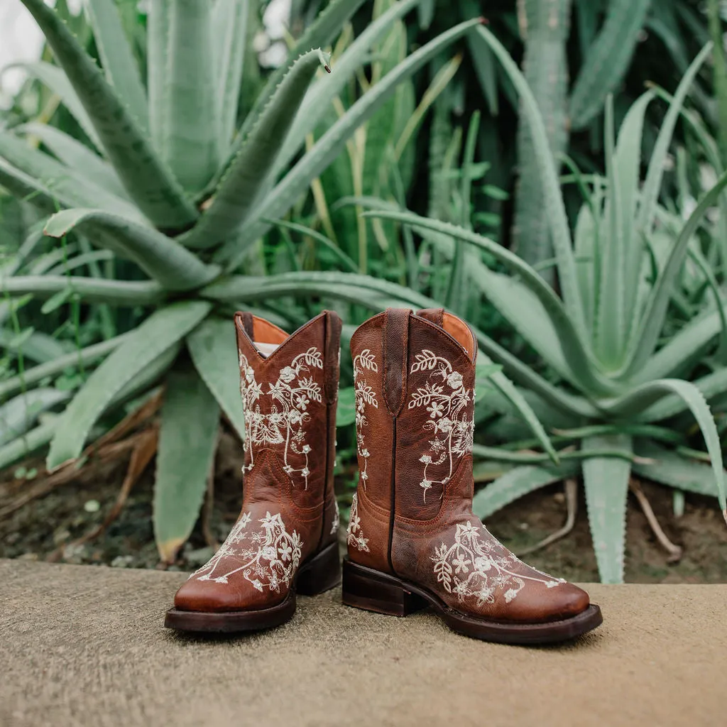 Soto Boots K3010 Girls Brown Embroidered Square Toe Cowboy Boots