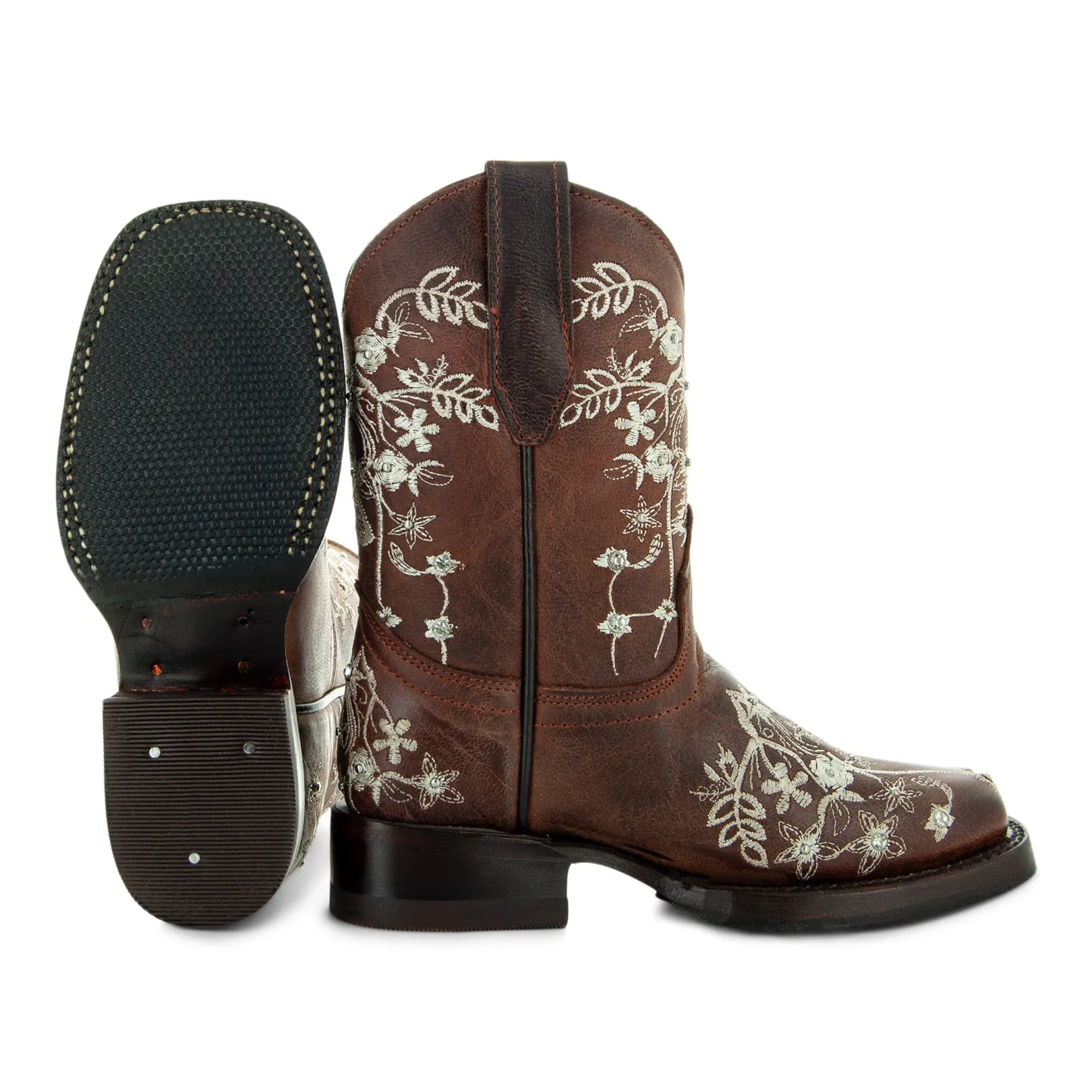 Soto Boots K3010 Girls Brown Embroidered Square Toe Cowboy Boots