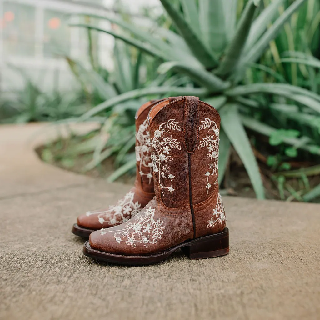 Soto Boots K3010 Girls Brown Embroidered Square Toe Cowboy Boots