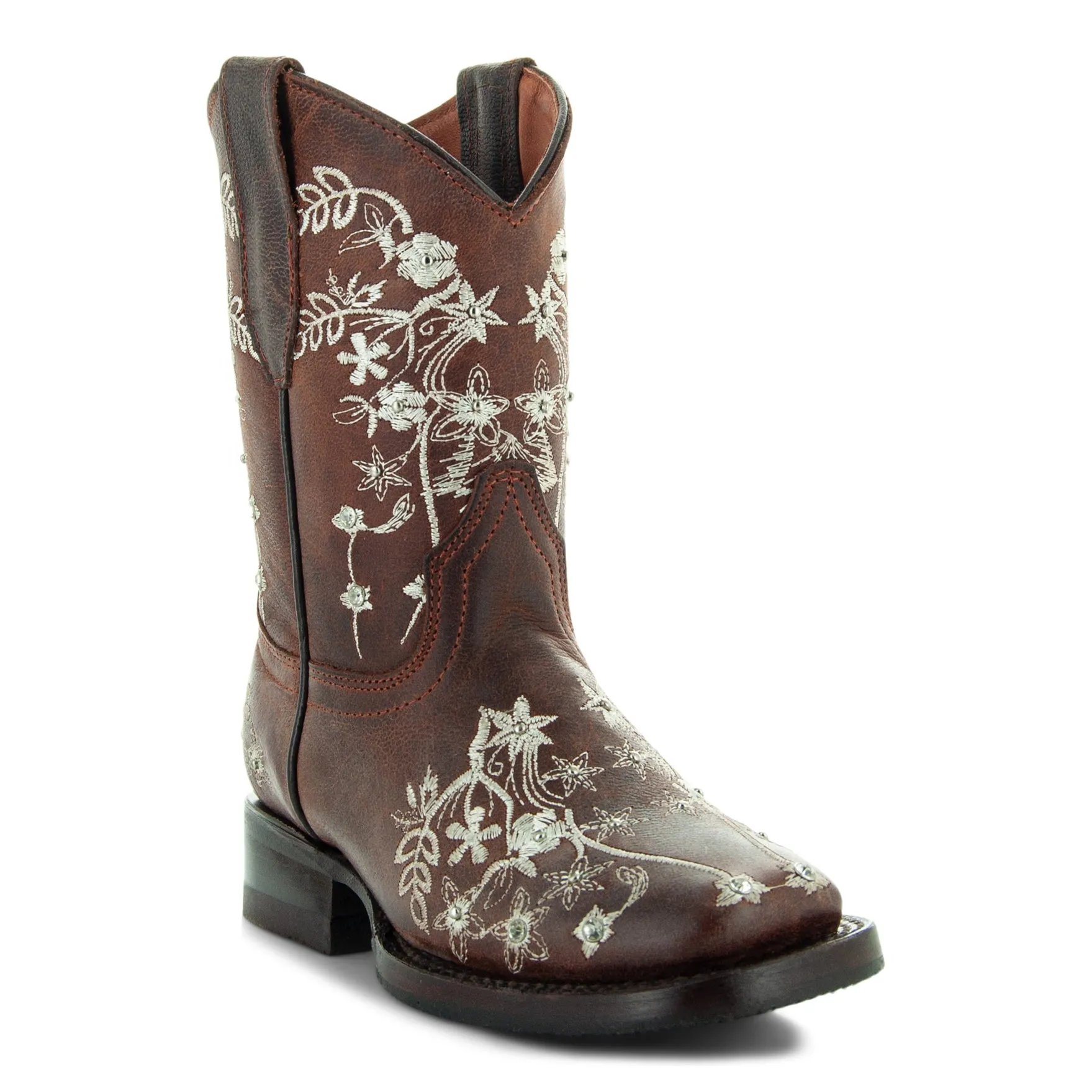 Soto Boots K3010 Girls Brown Embroidered Square Toe Cowboy Boots