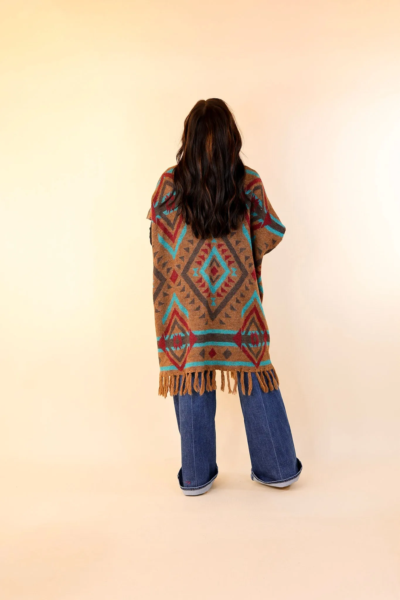 South Texas Sunset Aztec Print Wrap Poncho Vest in Turquoise and Camel