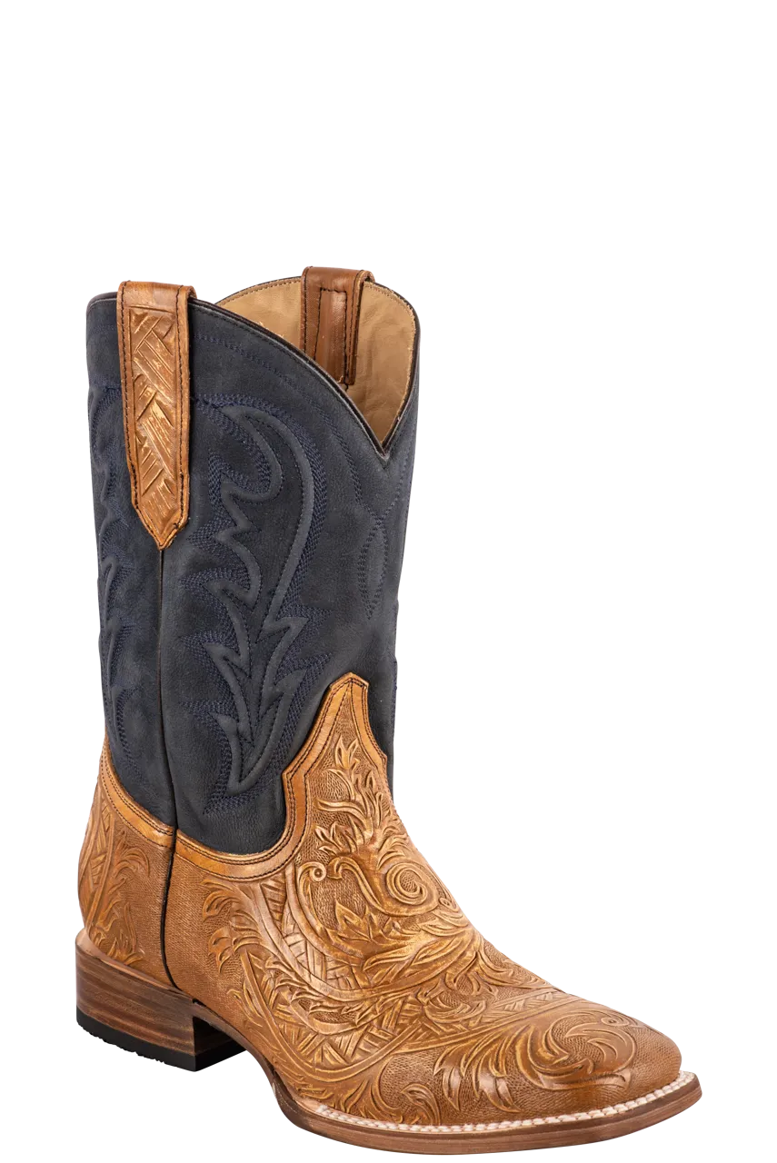 Stetson Men's Goat Handtooled Cowboy Boots - Tan & Blue