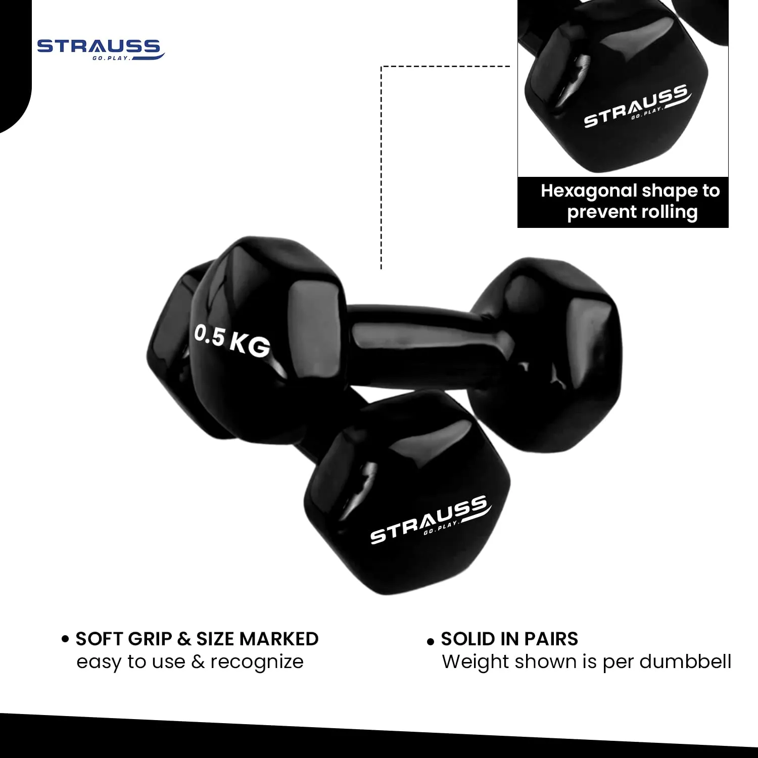 Strauss Premium Vinyl Dumbbells Weight for Men & Women | 2.5 Kg (Each) | 5 Kg (Pair) | Ideal for Home Workout, Yoga, Pilates, Gym Exercises | Non-Slip, Easy to Hold, Scratch Resistant (Black)