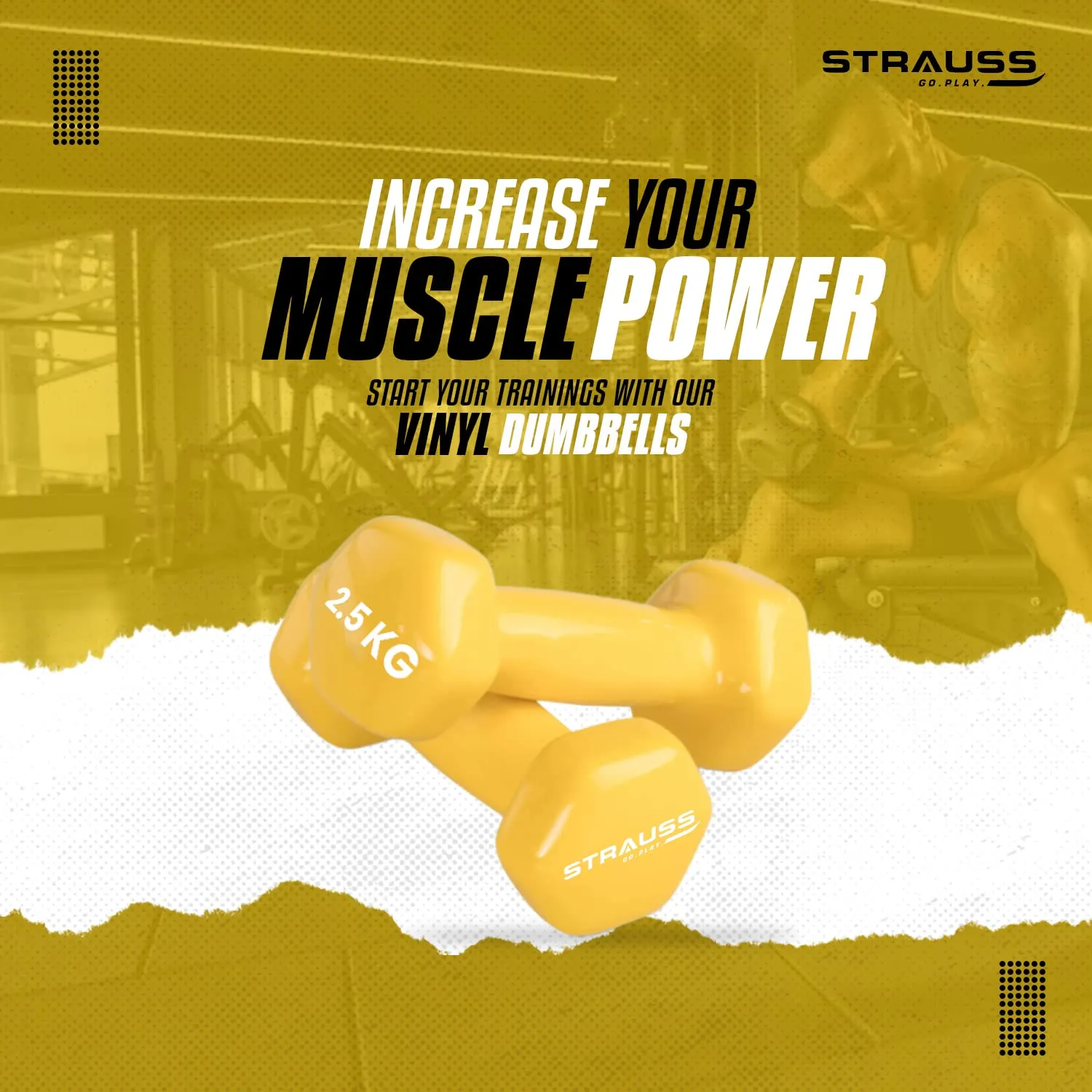 Strauss Premium Vinyl Dumbbells Weight for Men & Women | 2.5 Kg (Each) | 5 Kg (Pair) | Ideal for Home Workout , Yoga, Pilates, Gym Exercises | Non-Slip, Easy to Hold, Scratch Resistant (Yellow)m Exercises (Yellow)