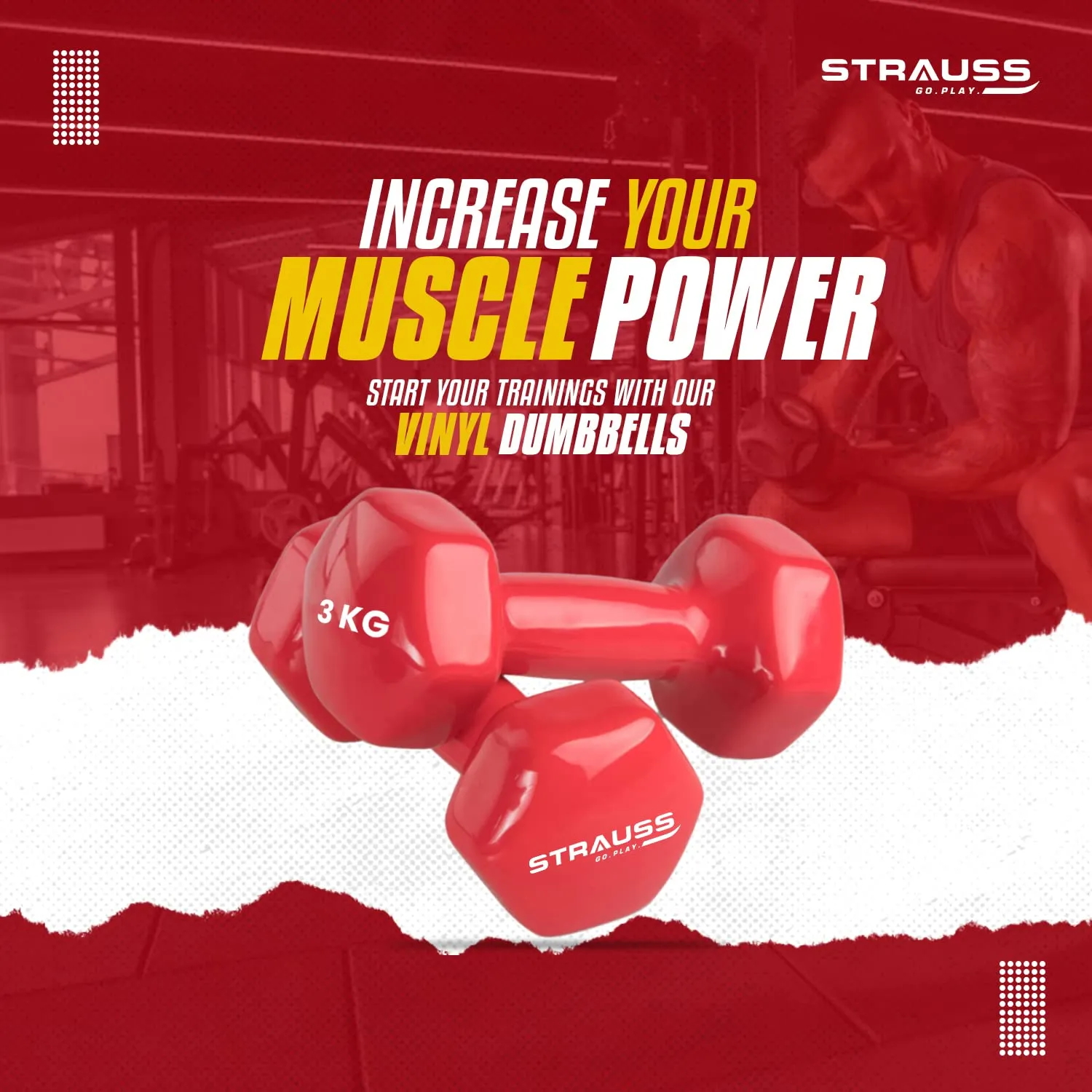 Strauss Premium Vinyl Dumbbells Weight for Men & Women | 3 Kg (Each) | 6 Kg (Pair) | Ideal for Home Workout, Yoga, Pilates, Gym Exercises | Non-Slip, Easy to Hold, Scratch Resistant (Red)