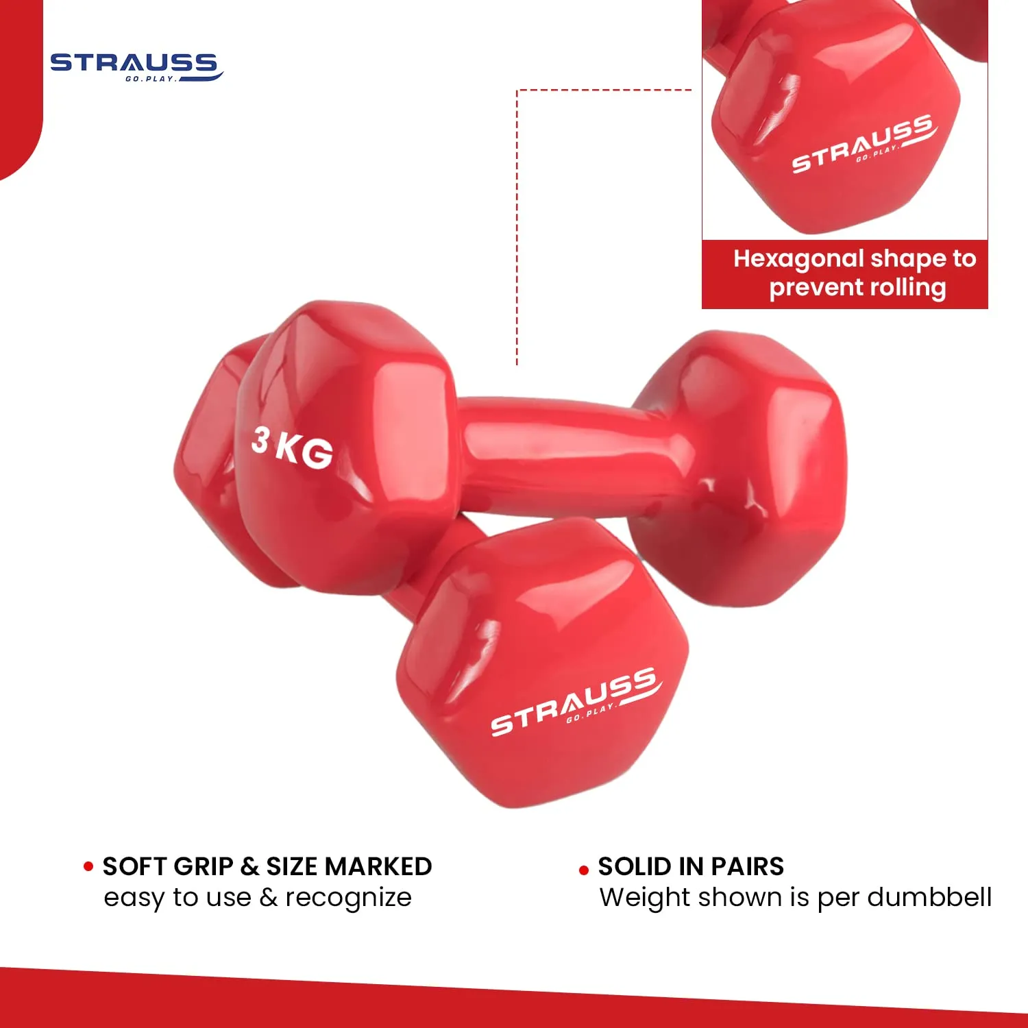 Strauss Premium Vinyl Dumbbells Weight for Men & Women | 3 Kg (Each) | 6 Kg (Pair) | Ideal for Home Workout, Yoga, Pilates, Gym Exercises | Non-Slip, Easy to Hold, Scratch Resistant (Red)