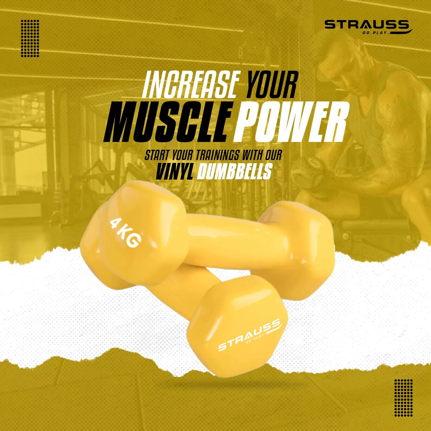 Strauss Premium Vinyl Dumbbells Weight for Men & Women | 4 Kg (Each) | 8 Kg (Pair) | Ideal for Home Workout, Yoga, Pilates, Gym Exercises | Non-Slip, Easy to Hold, Scratch Resistant (Yellow)